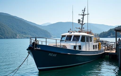 Ein Fischerboot von Wasserwelt Fischerbedarf AG am Steg am Zürichsee.